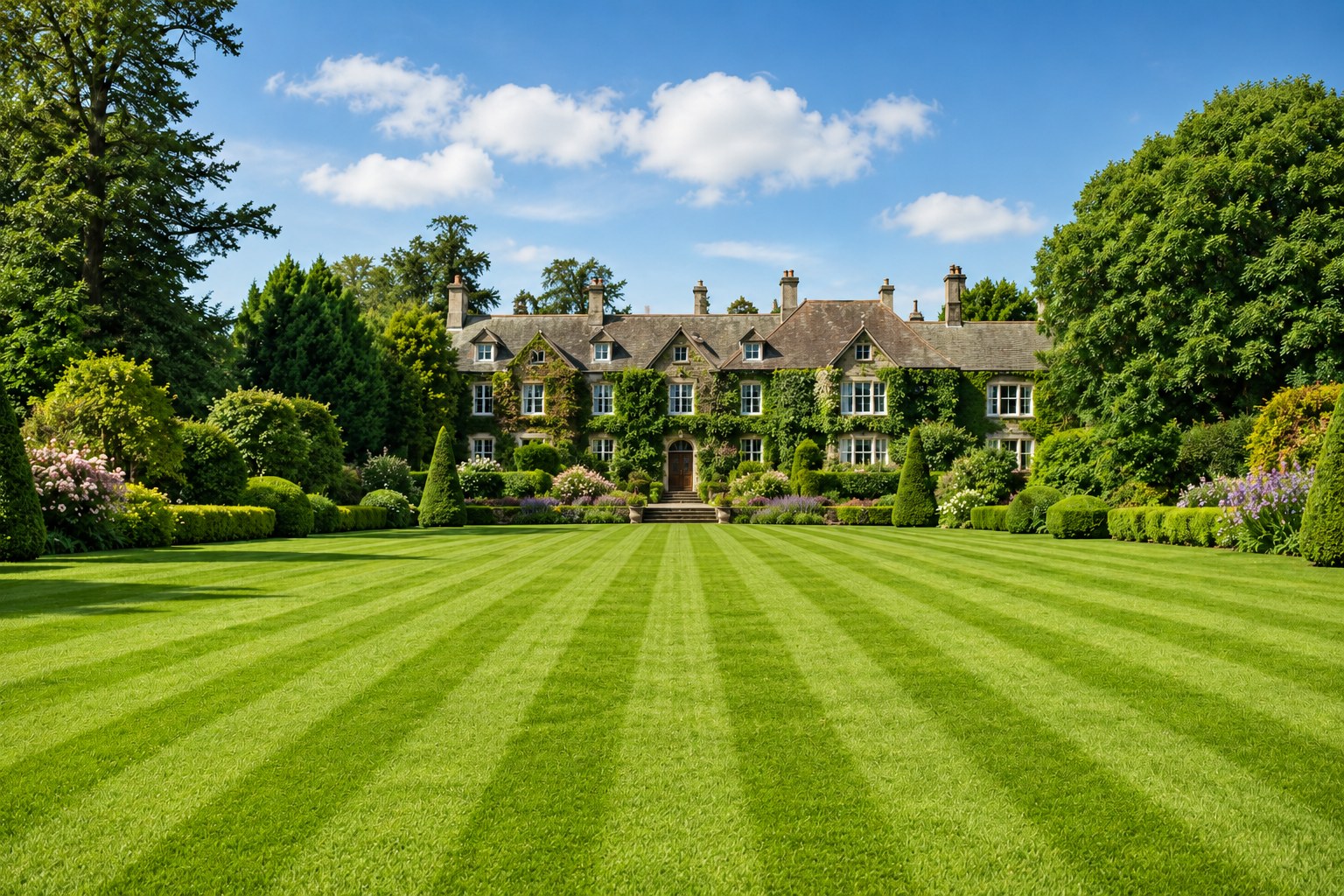 Freshly cut green lawn with neat stripes