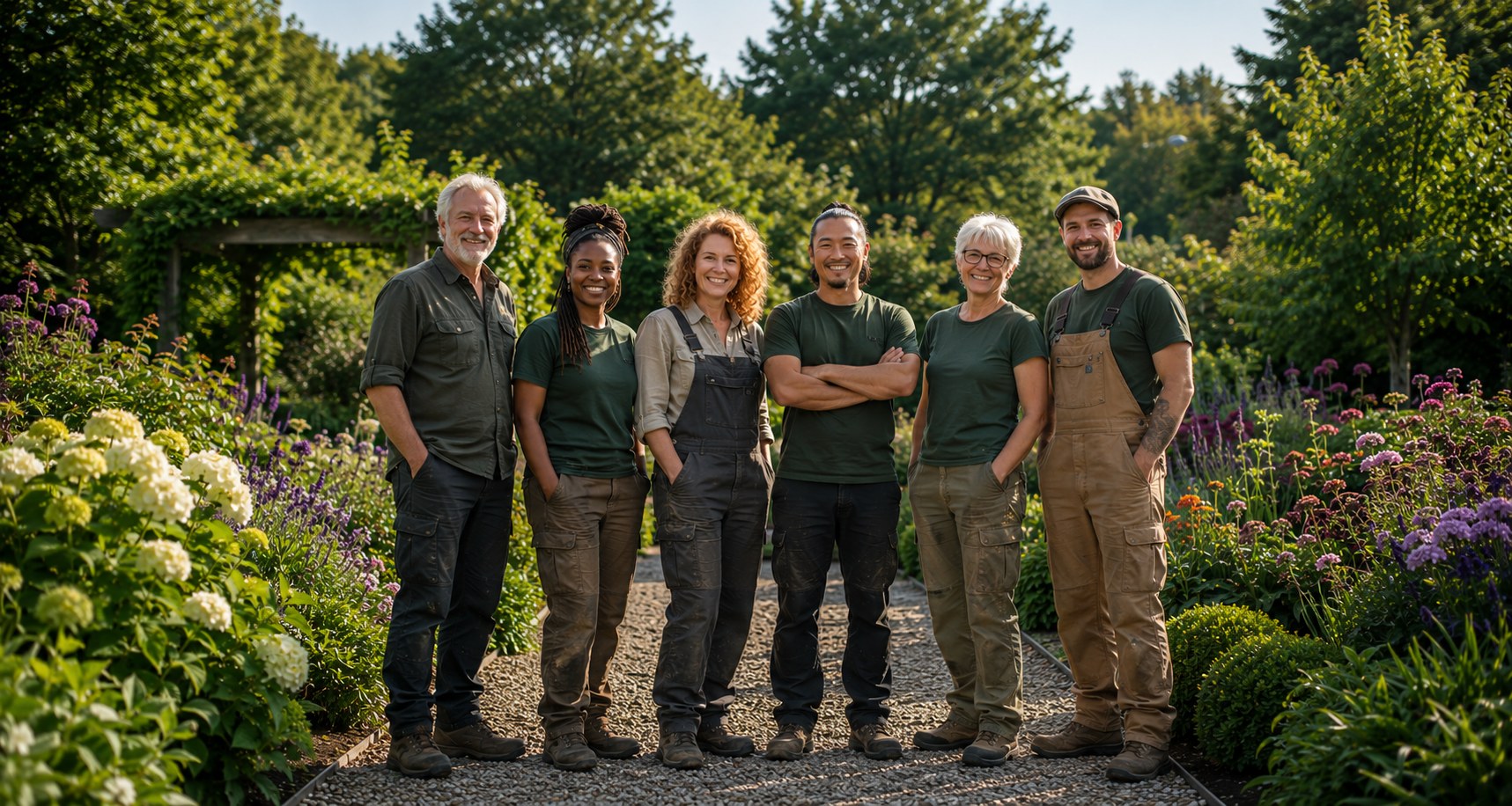 Friendly gardening team smiling together outdoors