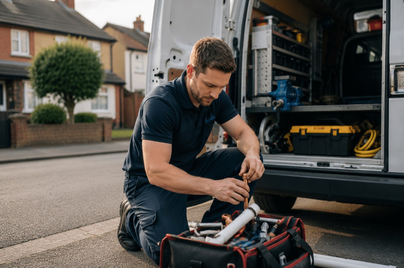 Plumber standing next to a branded van
