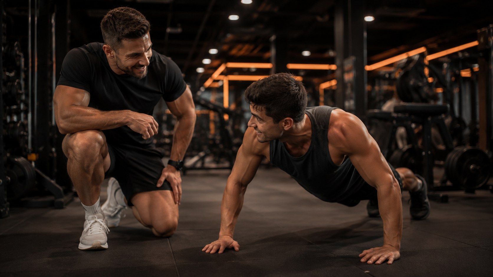 Man doing push-ups with his personal trainer