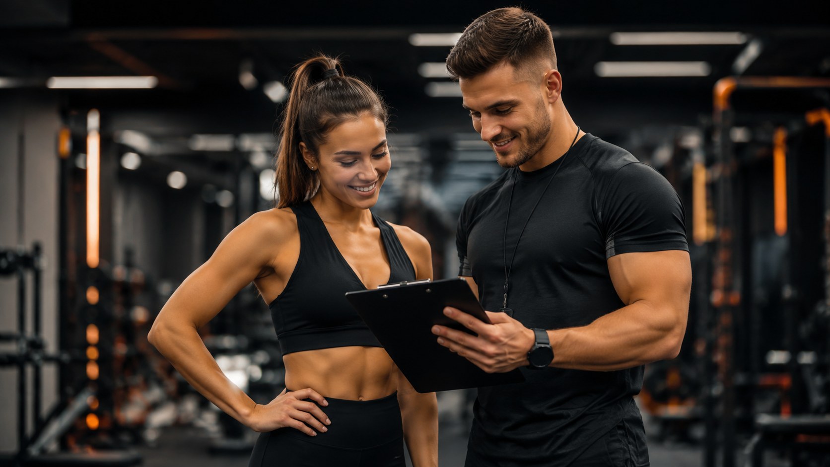 Male personal trainer and his female client discussing the training plan