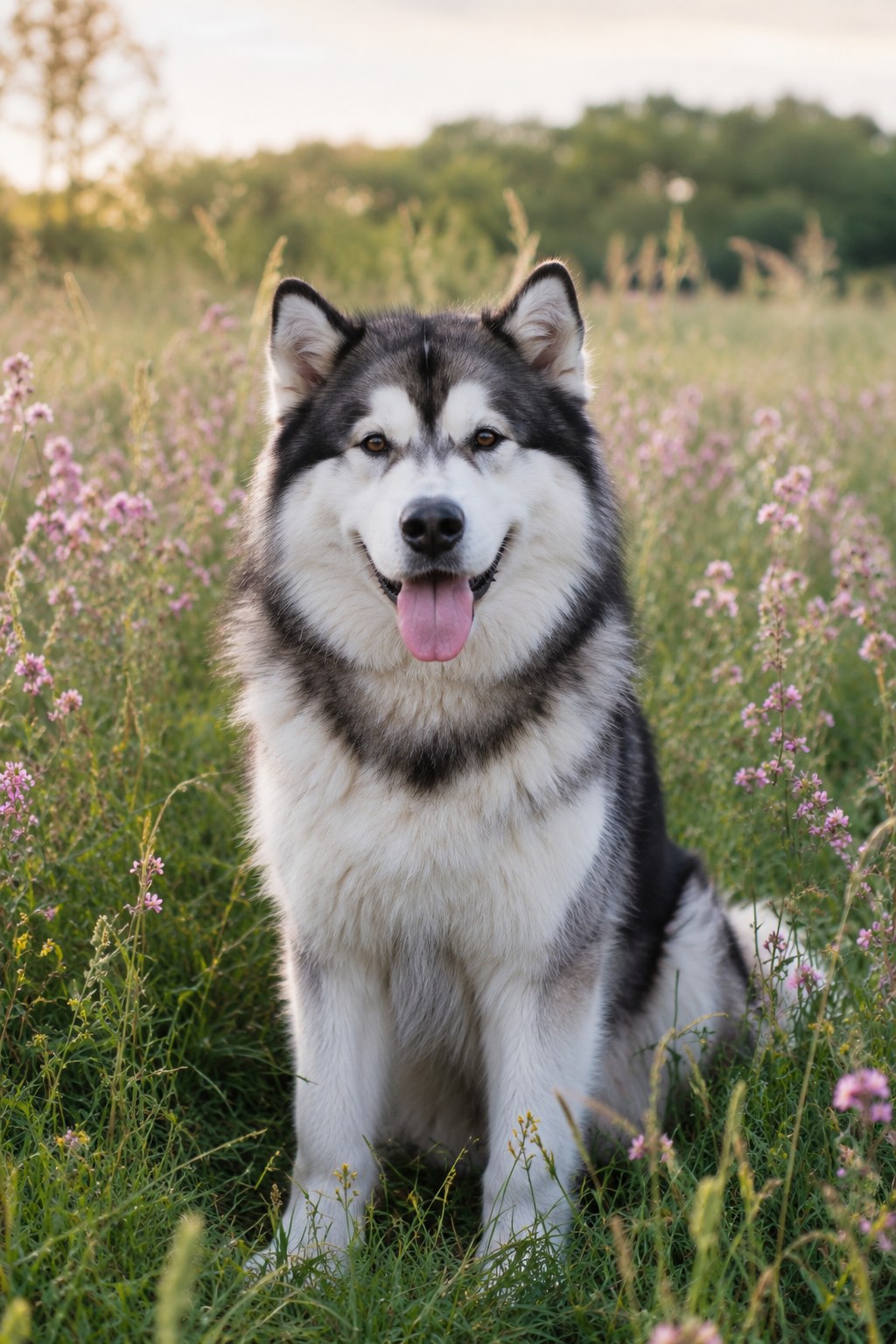 Alaskan Malamute in green field with flowers
