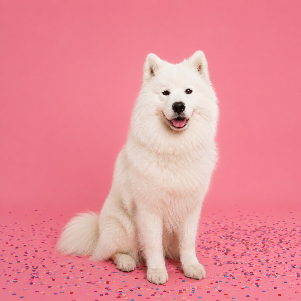 Dog sitting on confetti with a pink backdrop