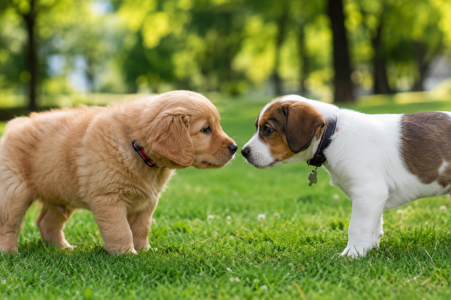 Puppies meeting in the park