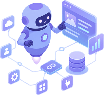 Friendly Digiweave robot working with advanced website interface elements