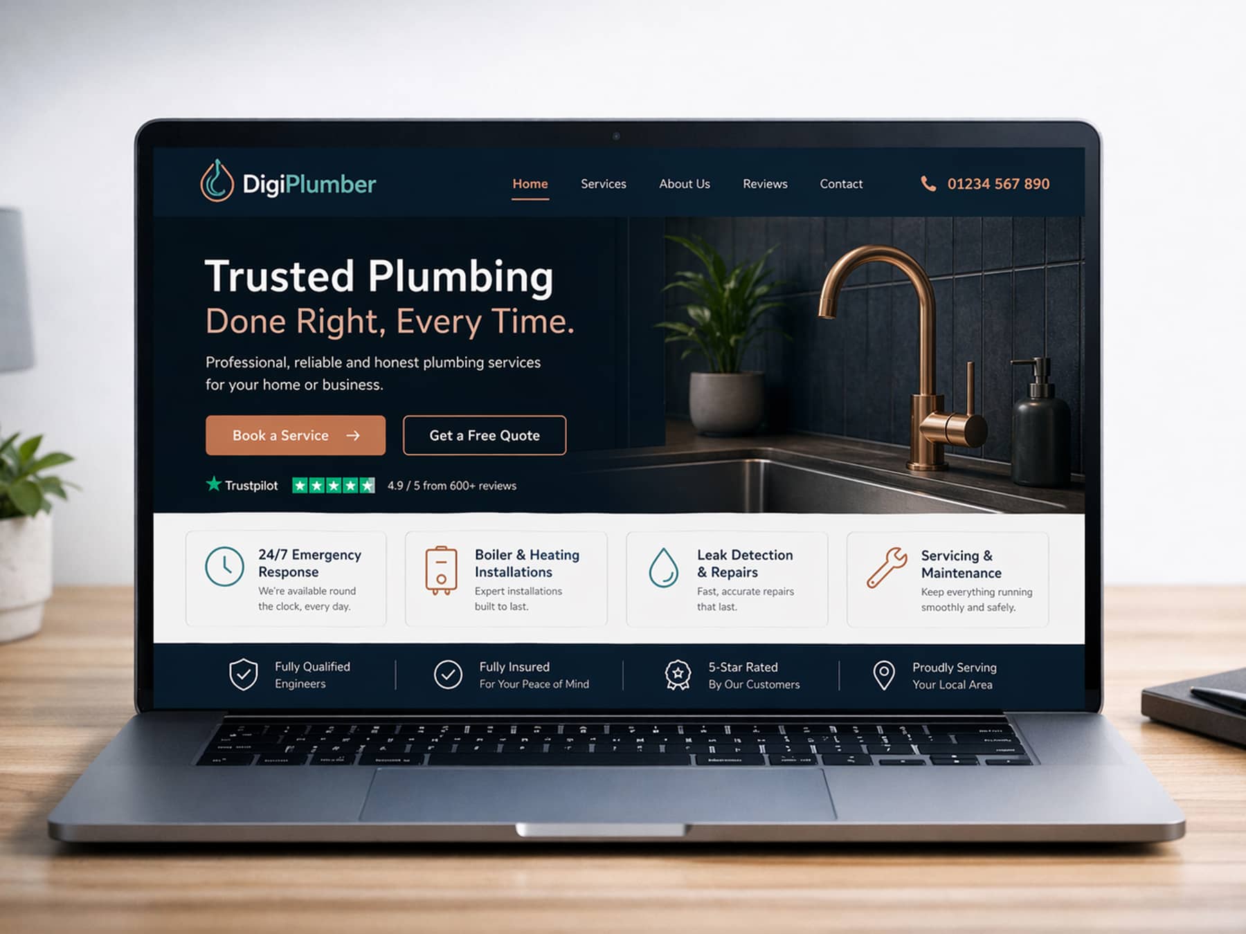 Example plumbing website design displayed on a laptop