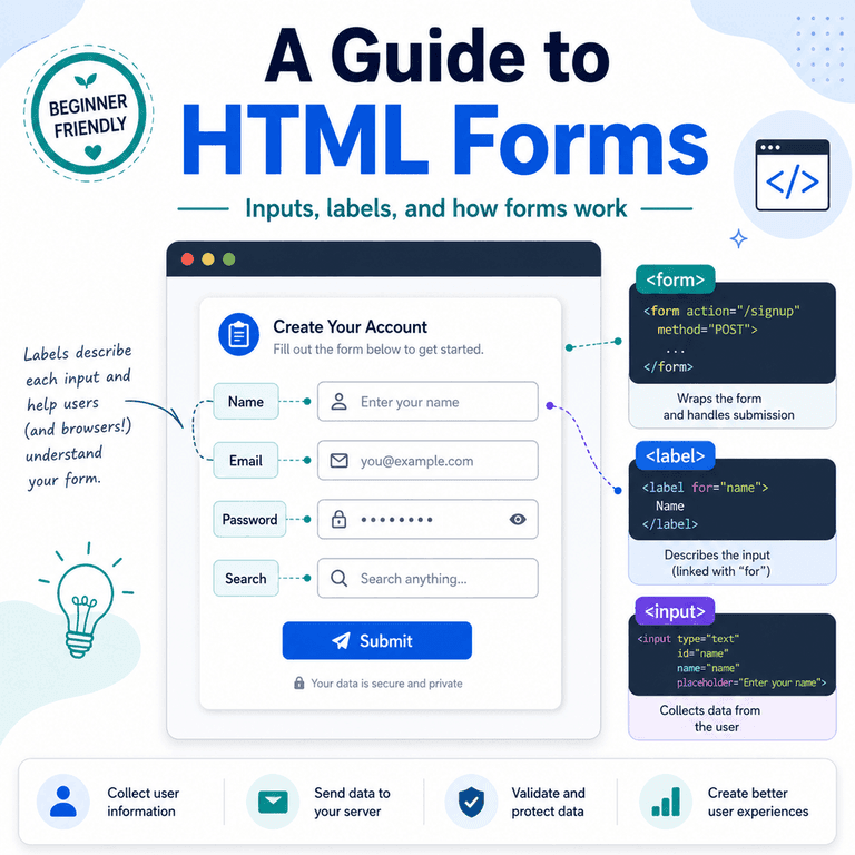 Infographic explaining how HTML forms use inputs, labels, buttons, and related elements to collect user information.