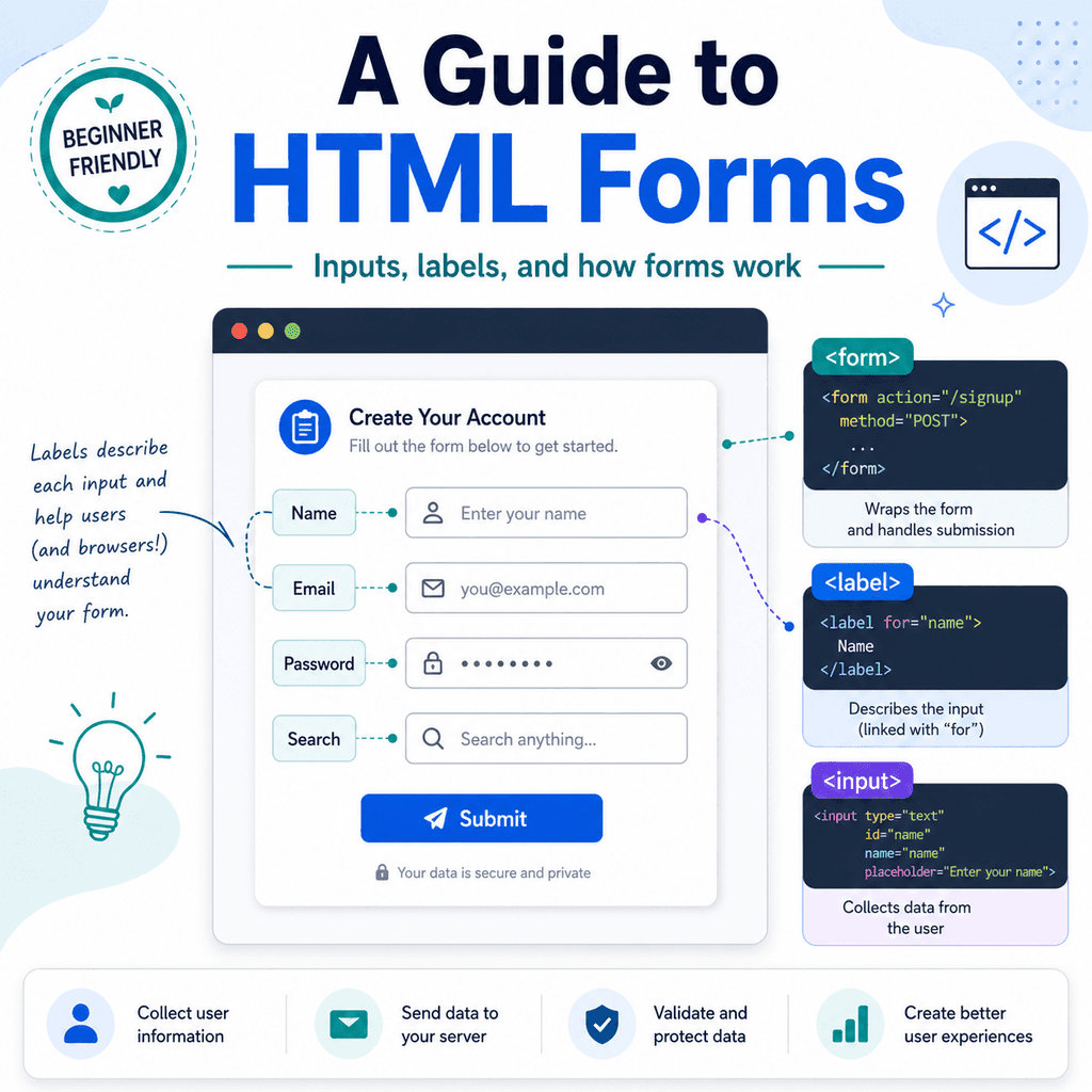 Infographic explaining how HTML forms use inputs, labels, buttons, and related elements to collect user information.