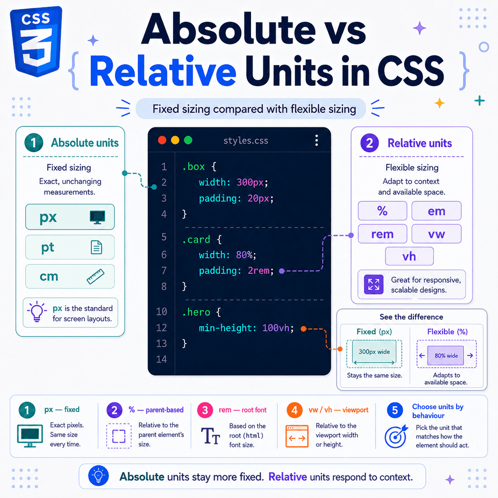 Infographic explaining absolute and relative CSS units for responsive web design.