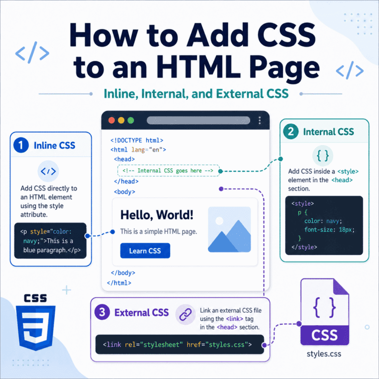 Infographic explaining how to add CSS to an HTML page using inline, internal, and external CSS.