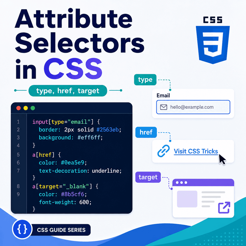 Infographic explaining CSS attribute selectors, including square bracket syntax, input type selectors, href patterns, data attributes, selector operators, specificity, and common mistakes.