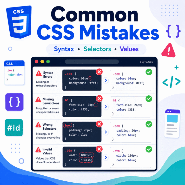 Infographic explaining common CSS mistakes to avoid, including syntax errors, wrong selectors, invalid values, file path problems, specificity issues, and debugging tips.