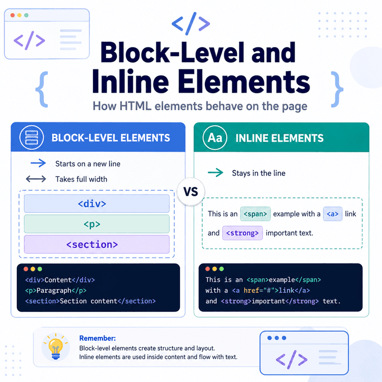 Infographic explaining block-level and inline HTML elements with examples of stacked blocks and inline text flow.