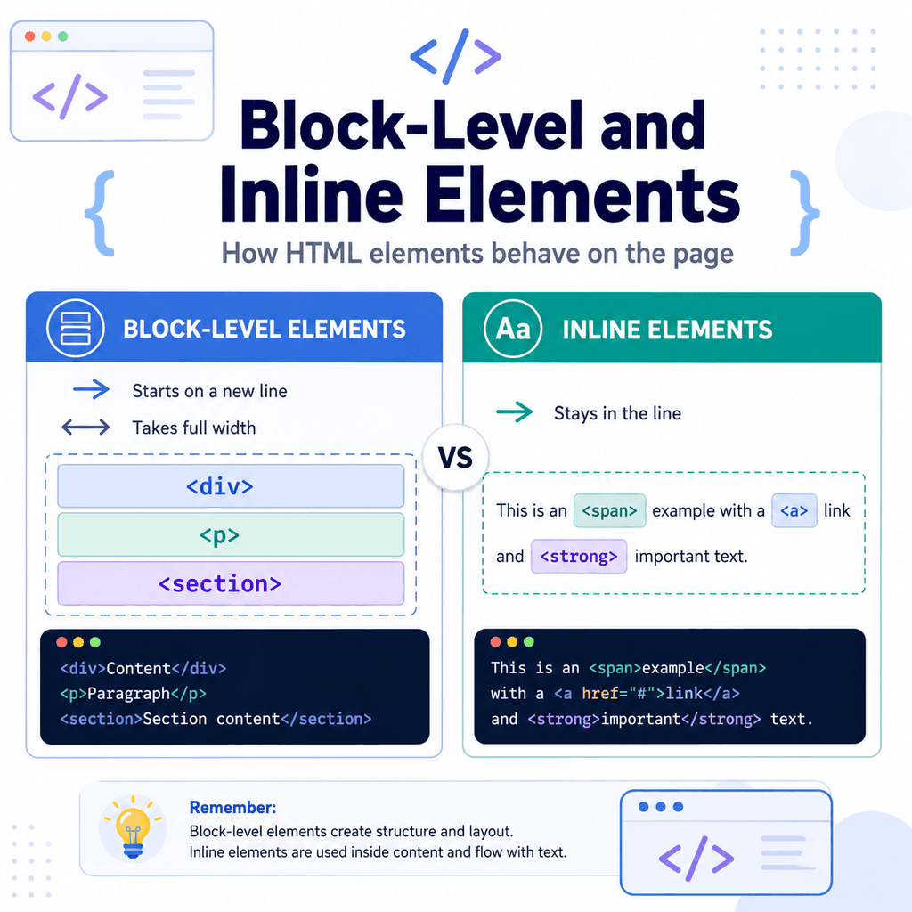 Infographic explaining block-level and inline HTML elements with examples of stacked blocks and inline text flow.