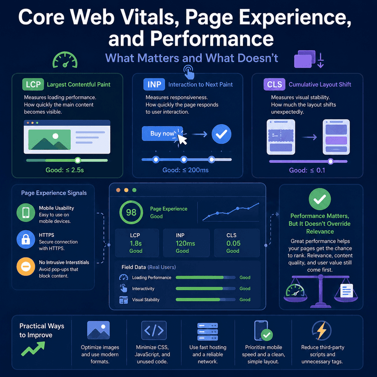 Infographic explaining Core Web Vitals, page experience, and website performance, including LCP, INP, CLS, mobile usability, HTTPS, intrusive interstitials, and content quality.