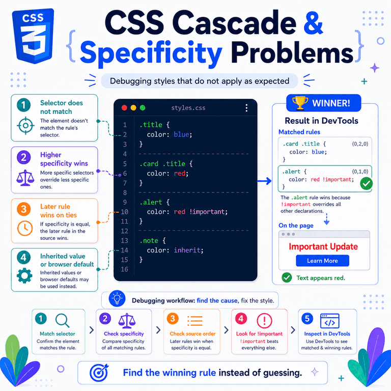 Infographic explaining how to debug CSS cascade and specificity problems, with examples of selectors, source order, inheritance, layers, and winning declarations.
