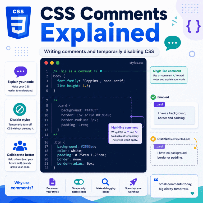 Infographic explaining CSS comments, including comment syntax, stylesheet organisation, debugging, and common mistakes.