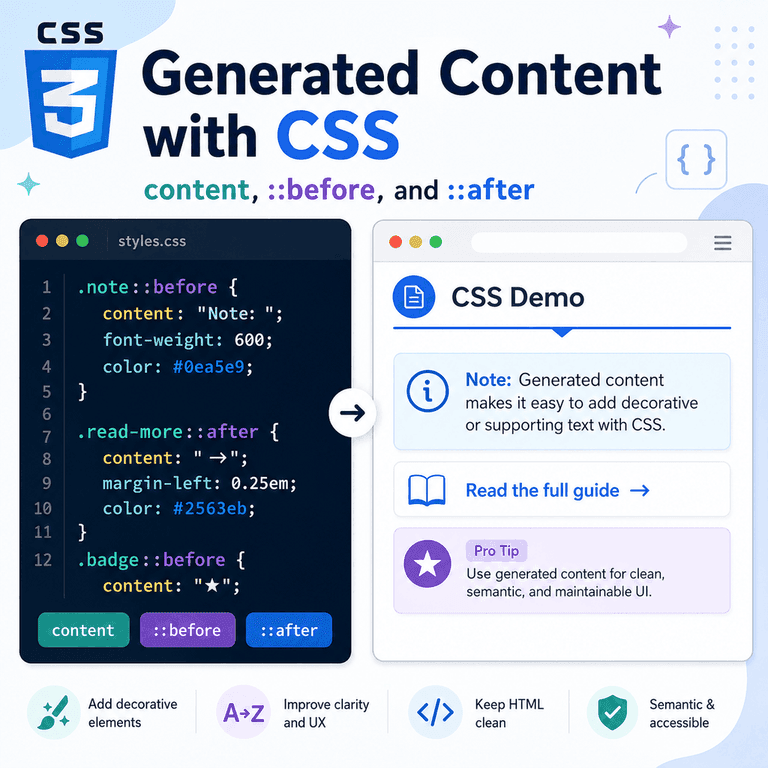 Infographic explaining CSS generated content with before and after pseudo-elements, content property examples, arrows, badges, and decorative lines.