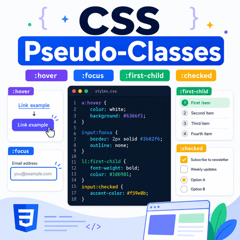 Infographic about CSS pseudo-classes including hover, focus, checked, first-child, and nth-child examples.