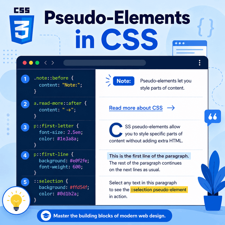 Infographic explaining CSS pseudo-elements including before, after, first-line, first-letter, and selection examples.