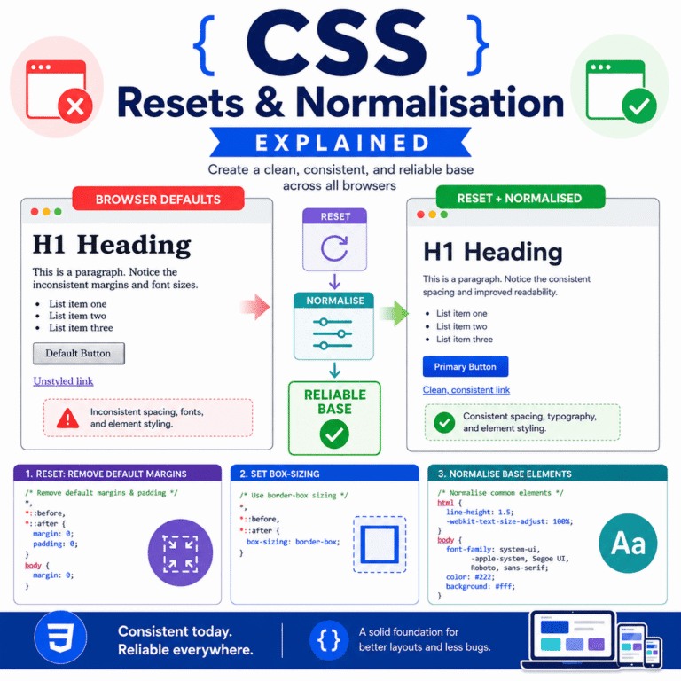 Infographic explaining CSS resets and normalisation, including browser default styles, user agent stylesheets, base CSS rules, and accessibility considerations.