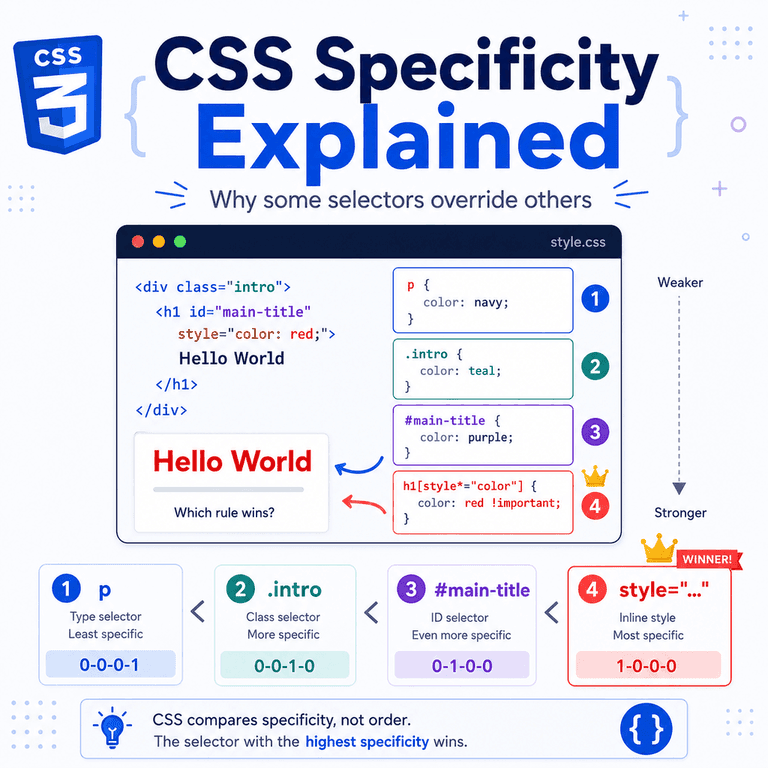 Infographic explaining CSS specificity, including type selectors, classes, IDs, inline styles, and rule conflicts.