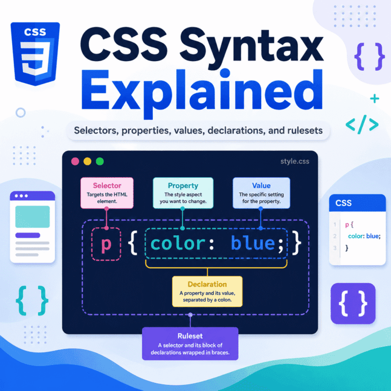 Infographic explaining CSS syntax, including selectors, properties, values, declarations, and rulesets.