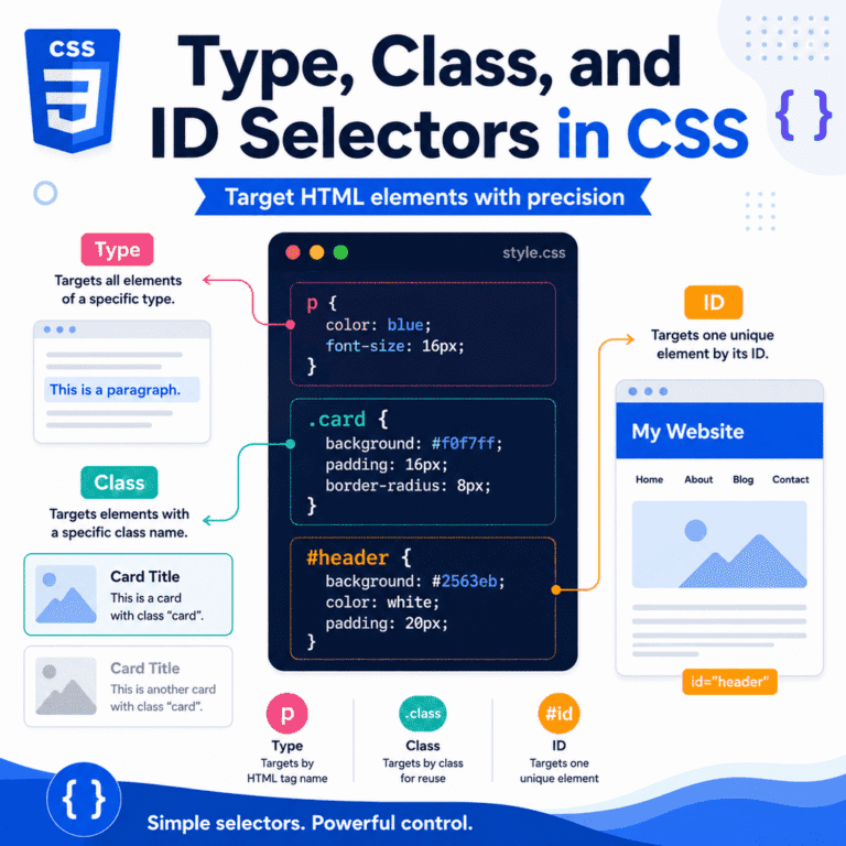 Infographic explaining type, class, and ID selectors in CSS, including tag selectors, class dots, ID hashes, specificity, and common selector mistakes.