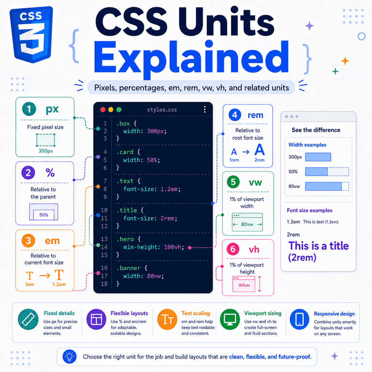 Infographic explaining common CSS units and when to use them for spacing, typography and responsive layouts.
