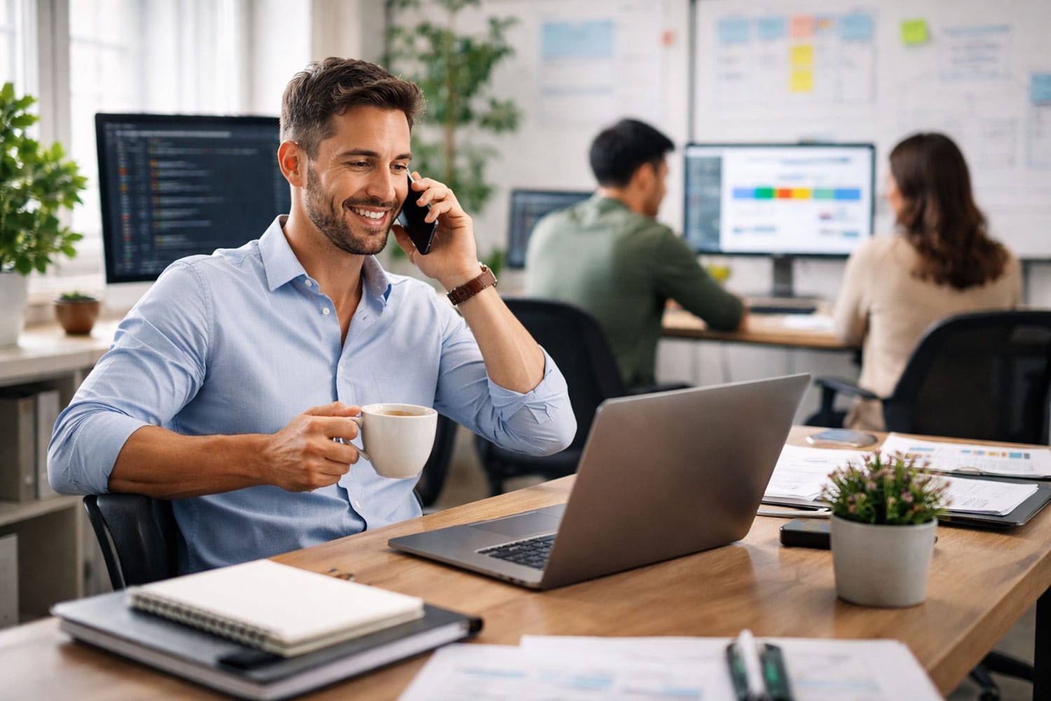 Business owner smiling while working at a laptop