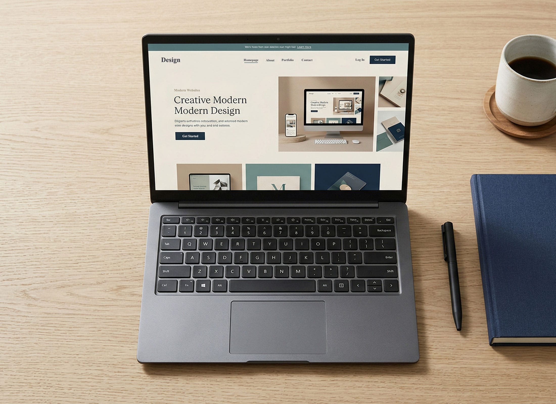 Laptop, notebook, and desk setup showing web design planning