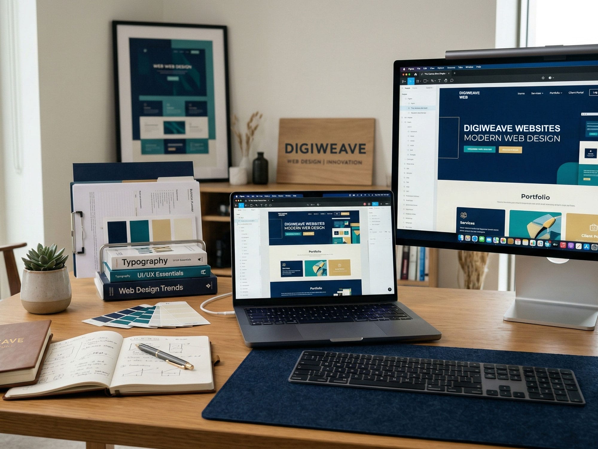 Workspace with laptop, monitor, colour swatches, and web design materials