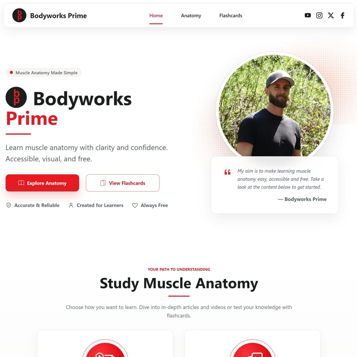 Screenshot of the Bodyworks Prime homepage showing the anatomy learning hero section.
