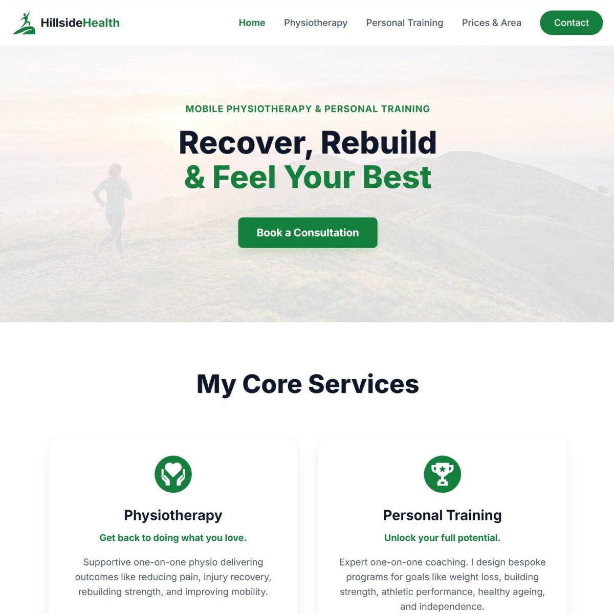 Screenshot of the Hillside Health homepage showing the physiotherapy and personal training hero section.