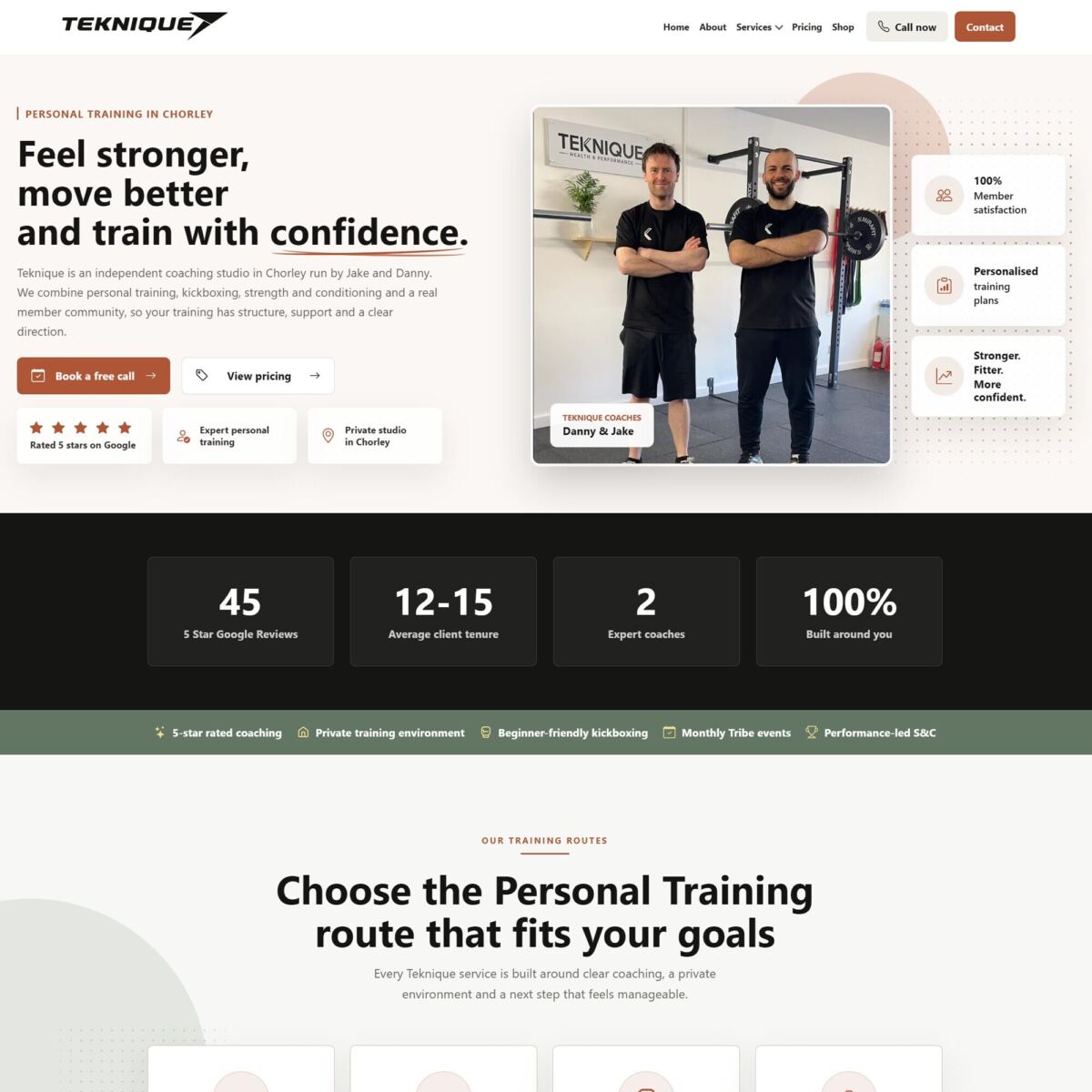 Screenshot of the Teknique homepage showing the hero section and training service preview.