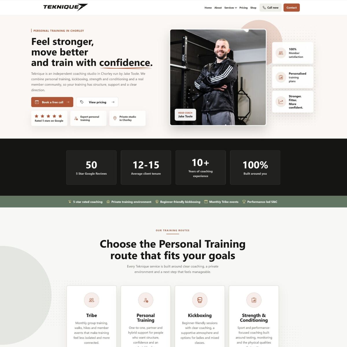Screenshot of the Teknique homepage showing the hero section and training service preview.