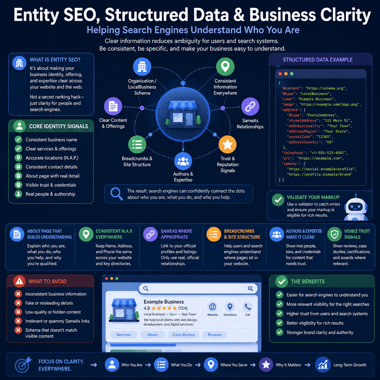 Infographic showing how entity SEO, structured data, and business clarity help search engines understand a business identity, services, locations, and trust signals.