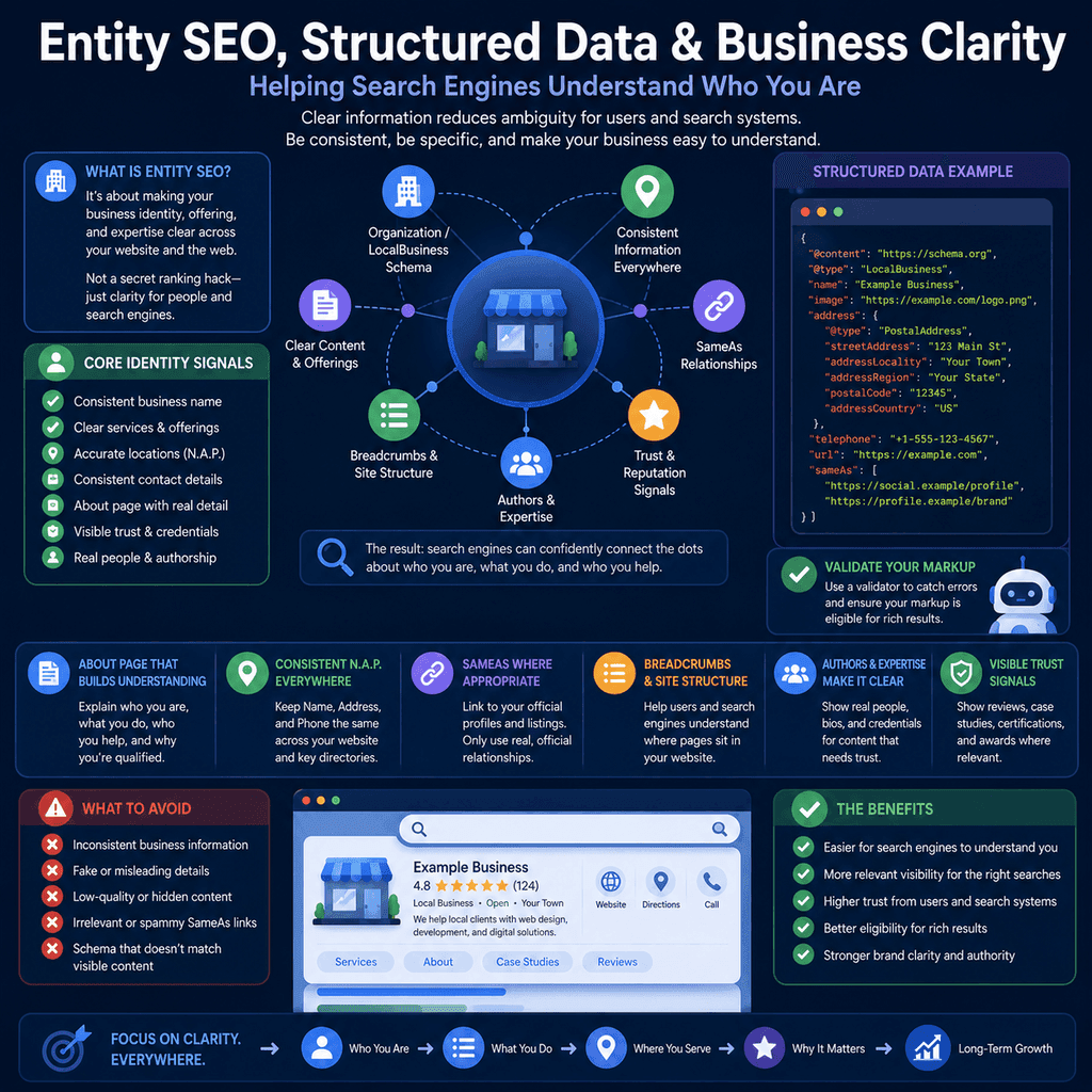 Infographic showing how entity SEO, structured data, and business clarity help search engines understand a business identity, services, locations, and trust signals.