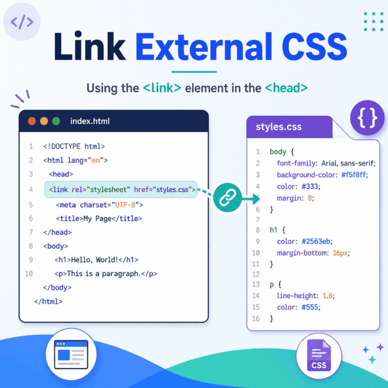 Infographic explaining how to link an external CSS file to an HTML page using the link element, rel attribute, and href file paths.