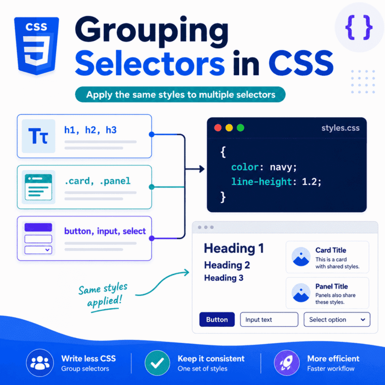 Infographic explaining grouping selectors in CSS, including selector lists, comma-separated selectors, shared declarations, typography, layout, components, form controls, and hover and focus states.