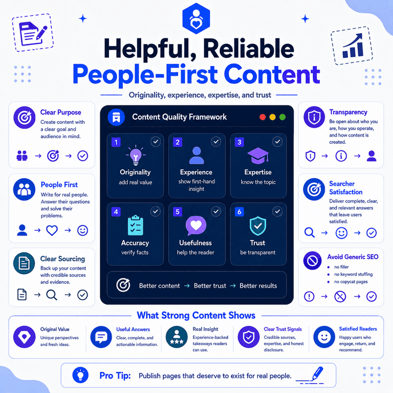 Infographic explaining helpful, reliable, people-first content for SEO, including originality, expertise, sourcing, accuracy, usefulness, transparency, and E-E-A-T.