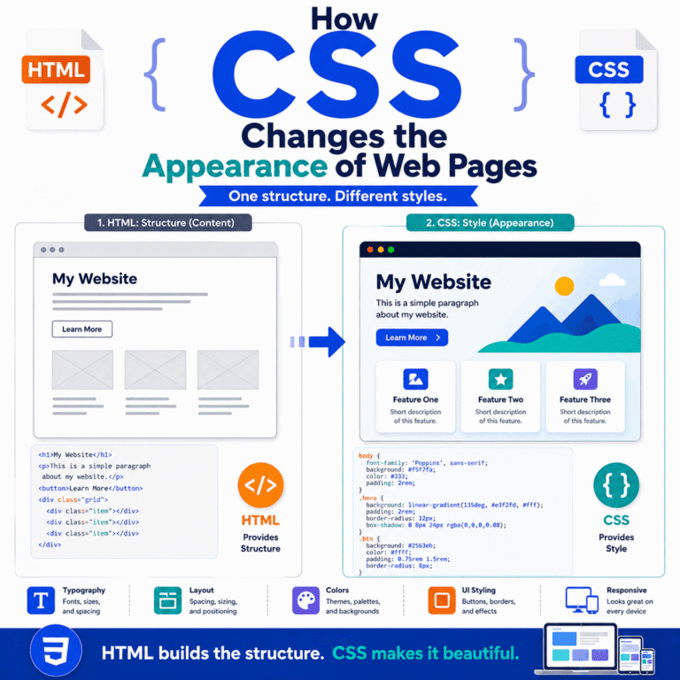 Infographic explaining how CSS changes the appearance of web pages while HTML provides the page structure.