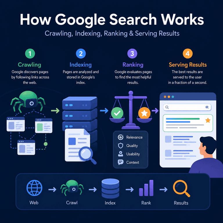 Infographic showing how Google Search works, from crawling and indexing to ranking and serving results, with launch checks for common SEO issues.