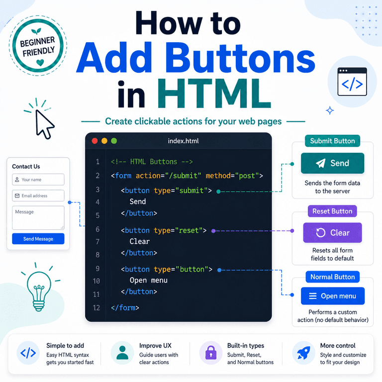 Infographic explaining HTML buttons, including submit, reset, and normal button types.