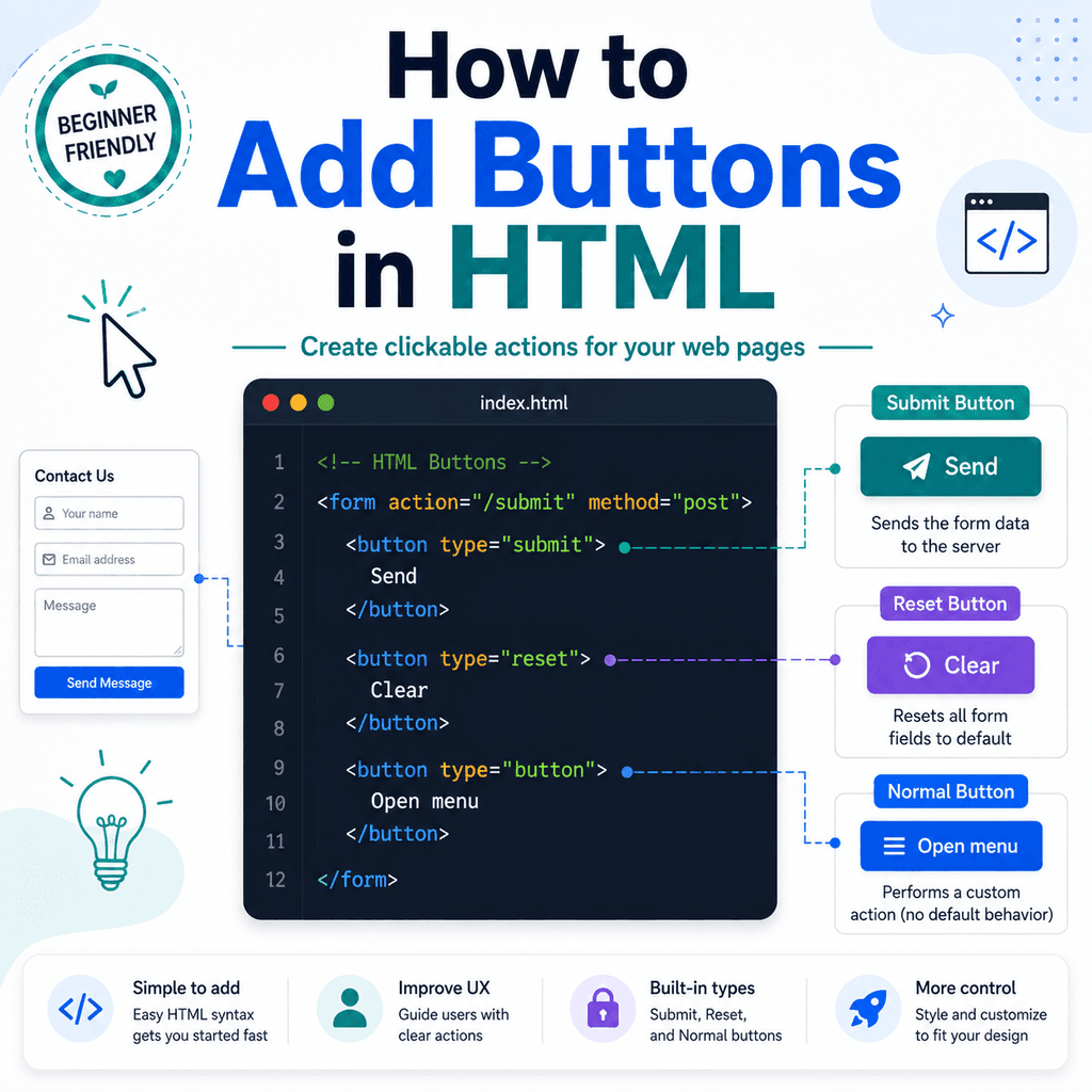 Infographic explaining HTML buttons, including submit, reset, and normal button types.