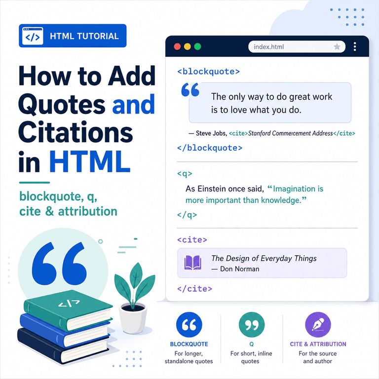 Infographic explaining HTML quote and citation elements including blockquote, q, and cite.
