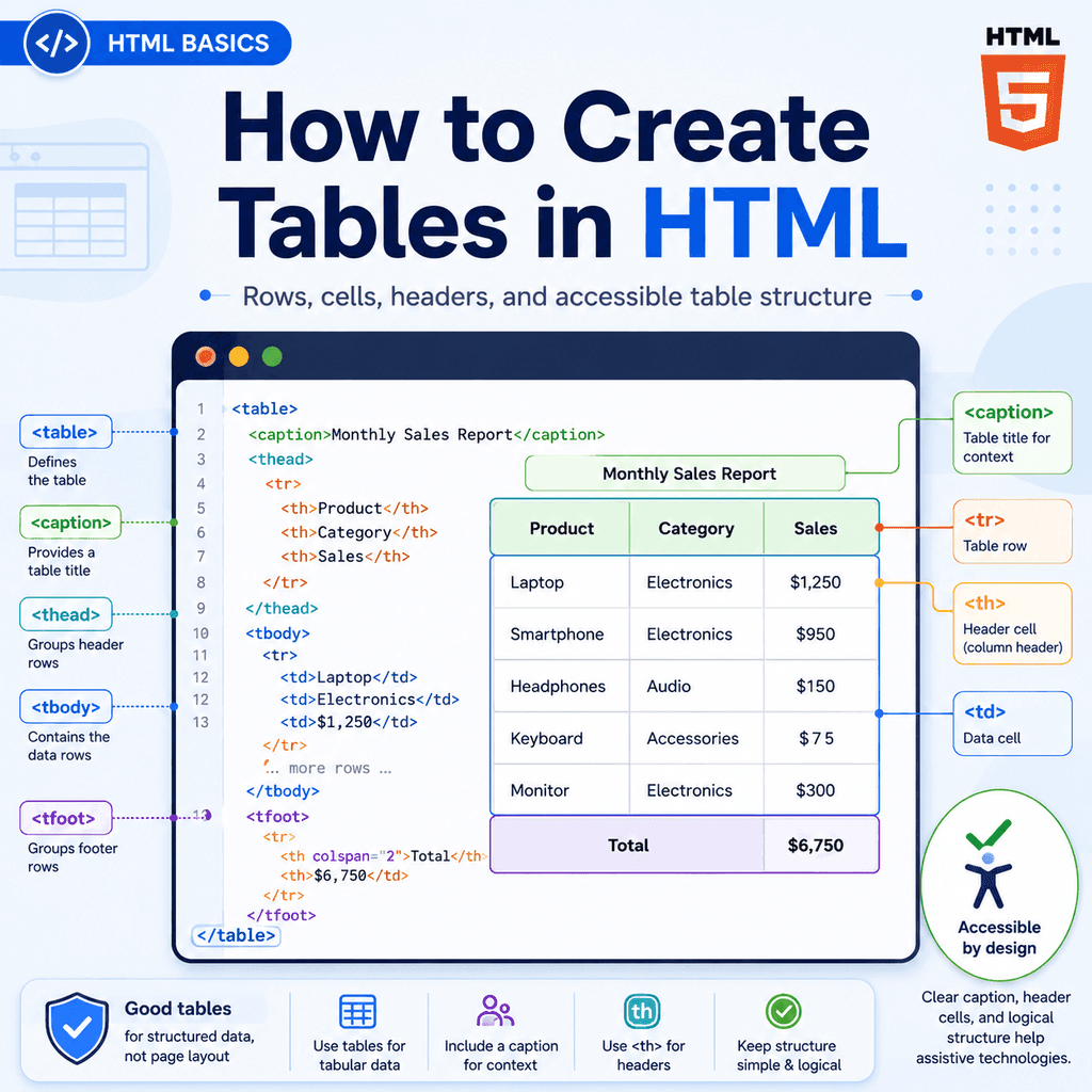 Infographic explaining HTML tables, rows, cells, headers, captions, table sections, accessibility, and CSS styling.
