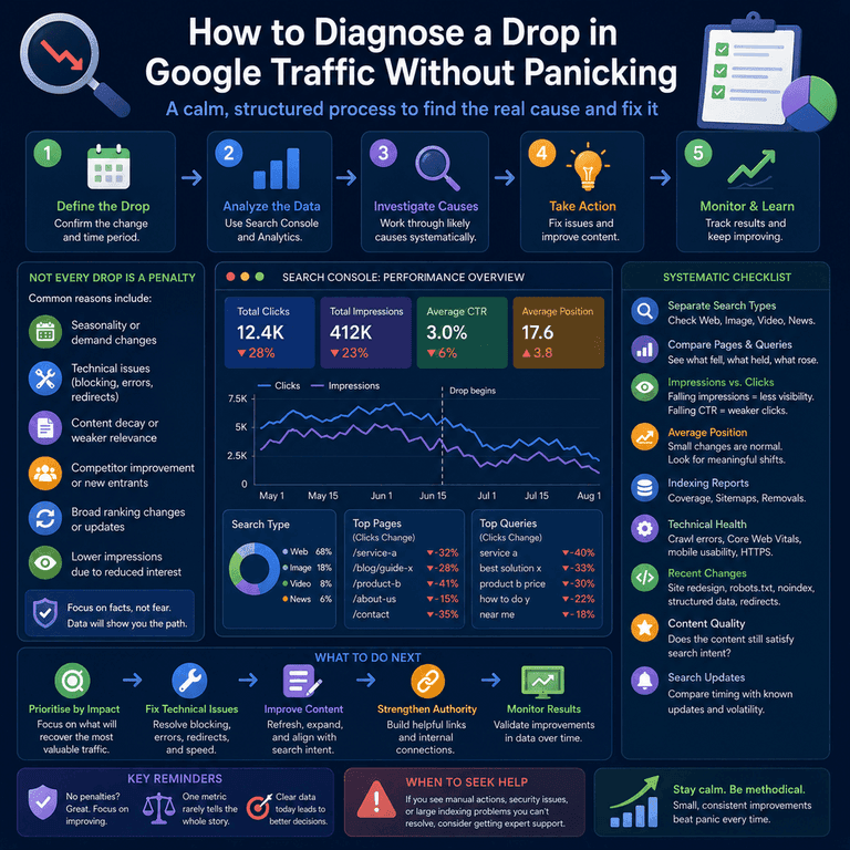 Infographic showing a structured process for diagnosing a drop in Google traffic using Search Console data, indexing checks, technical review, content quality, and update context.