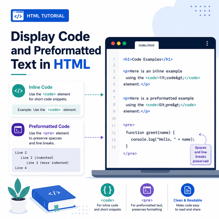 Infographic explaining HTML code and pre elements for inline code, formatted code blocks, and preformatted text.