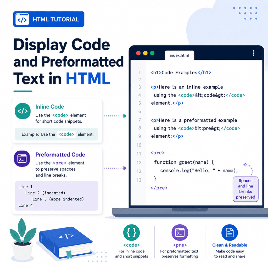 Infographic explaining HTML code and pre elements for inline code, formatted code blocks, and preformatted text.